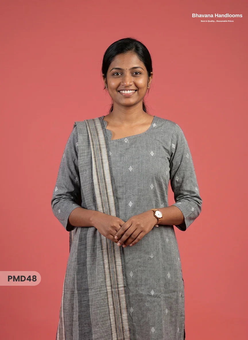 Handloom Jacquard 3pc Suit Set – Light Grey with Pocket, Elastic Bottom & Full Lining