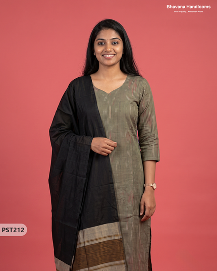 Pochampally Semi Pattu 3PC Kurti Set in Olive Grey Colour | Ready-to-Wear Ethnic Wear