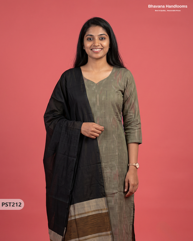 Pochampally Semi Pattu 3PC Kurti Set in Olive Grey Colour | Ready-to-Wear Ethnic Wear