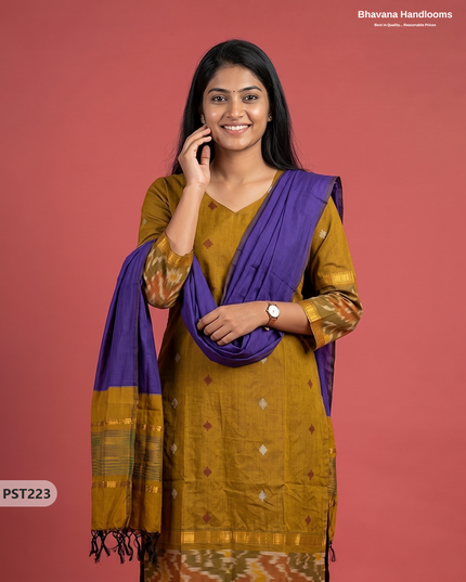 Pochampally Semi Pattu 3PC Kurti Set in Mustard Yellow Colour | Ready-to-Wear Ethnic Wear