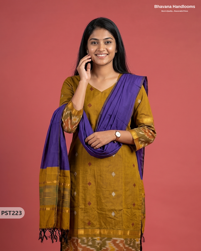 Pochampally Semi Pattu 3PC Kurti Set in Mustard Yellow Colour | Ready-to-Wear Ethnic Wear