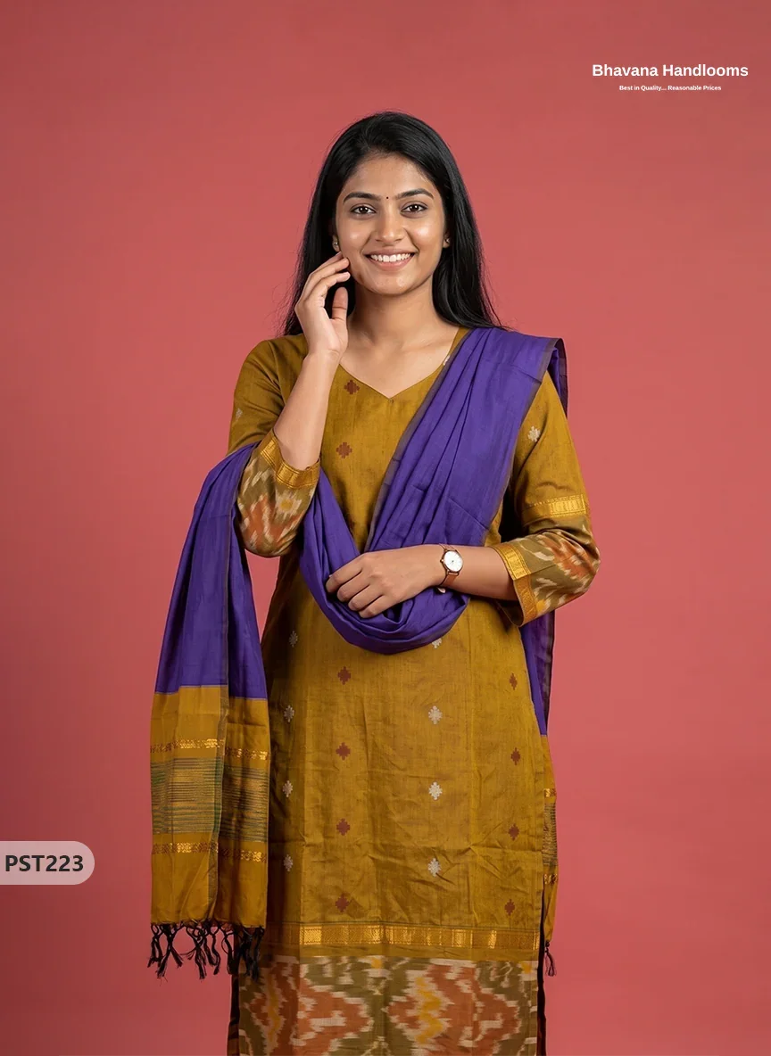 Pochampally Semi Pattu 3PC Kurti Set in Mustard Yellow Colour | Ready-to-Wear Ethnic Wear