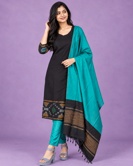 Pochampally Semi Pattu 3PC Kurti Set in Black Colour | Ready-to-Wear Ethnic Wear