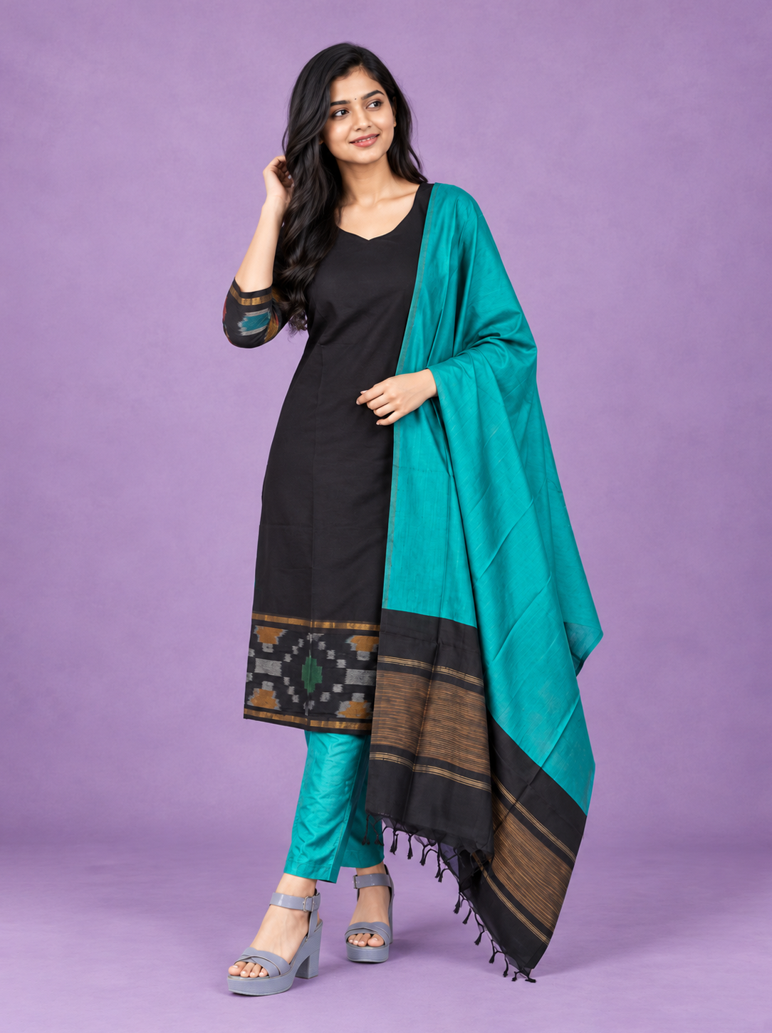 Pochampally Semi Pattu 3PC Kurti Set in Black Colour | Ready-to-Wear Ethnic Wear