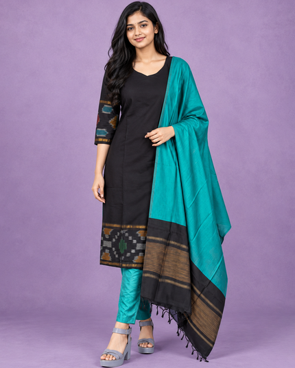 Pochampally Semi Pattu 3PC Kurti Set in Black Colour | Ready-to-Wear Ethnic Wear