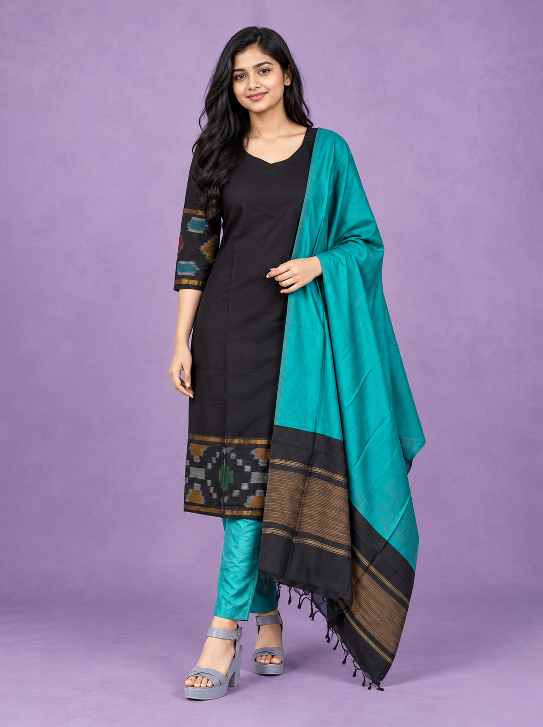 Pochampally Semi Pattu 3PC Kurti Set in Black Colour | Ready-to-Wear Ethnic Wear