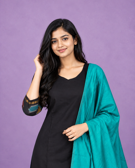 Pochampally Semi Pattu 3PC Kurti Set in Black Colour | Ready-to-Wear Ethnic Wear