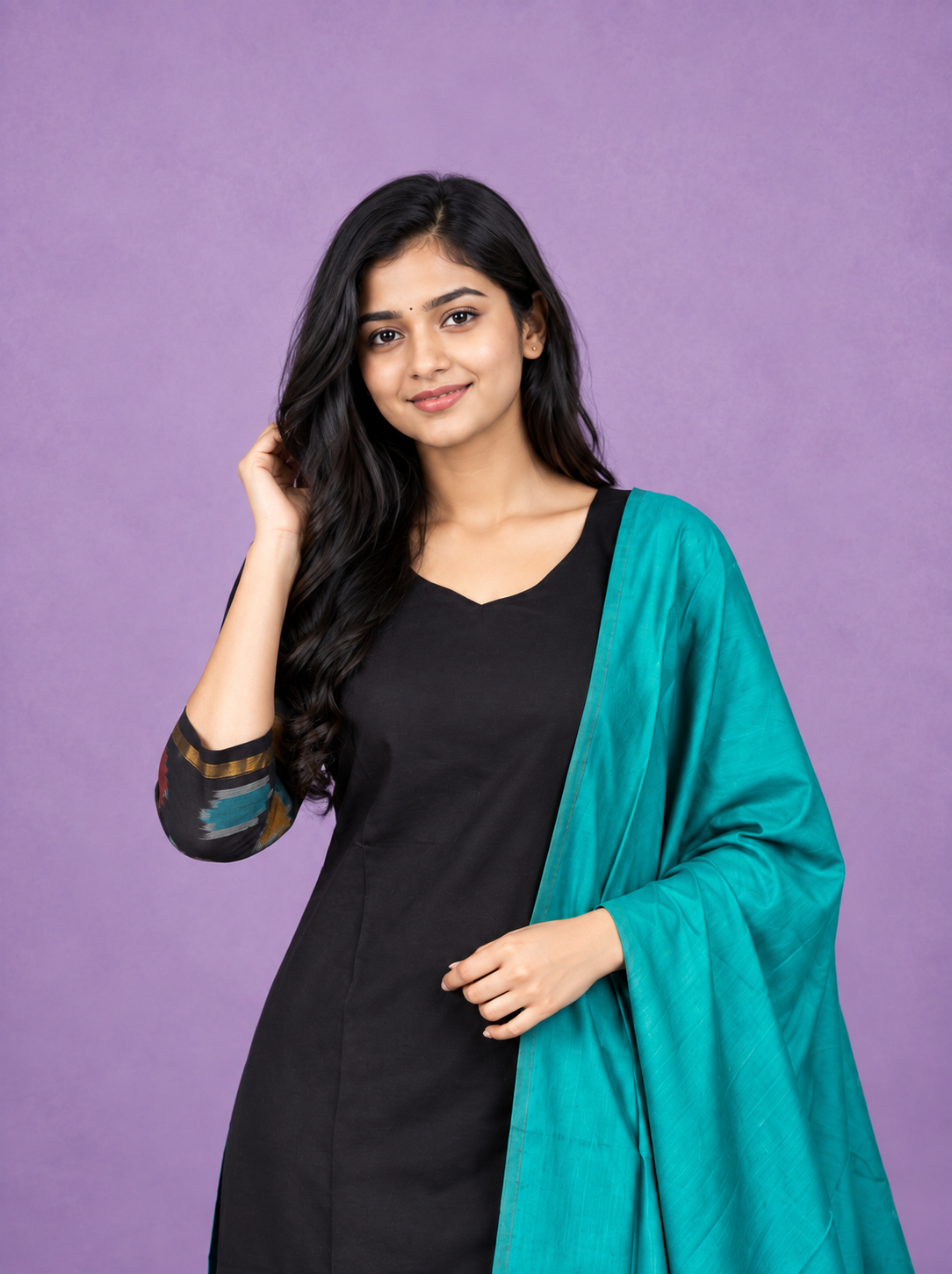 Pochampally Semi Pattu 3PC Kurti Set in Black Colour | Ready-to-Wear Ethnic Wear