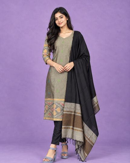 Pochampally Semi Pattu 3PC Kurti Set in Olive Gray Colour | Ready-to-Wear Ethnic Wear