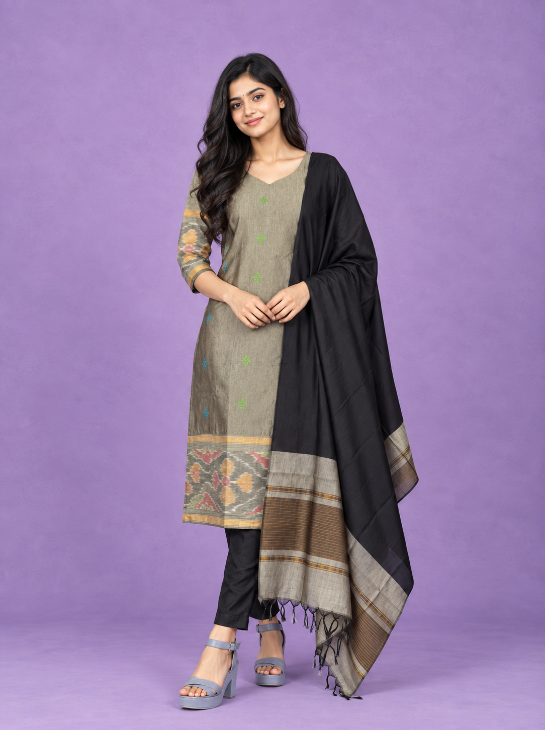 Pochampally Semi Pattu 3PC Kurti Set in Olive Gray Colour | Ready-to-Wear Ethnic Wear