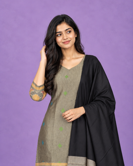 Pochampally Semi Pattu 3PC Kurti Set in Olive Gray Colour | Ready-to-Wear Ethnic Wear