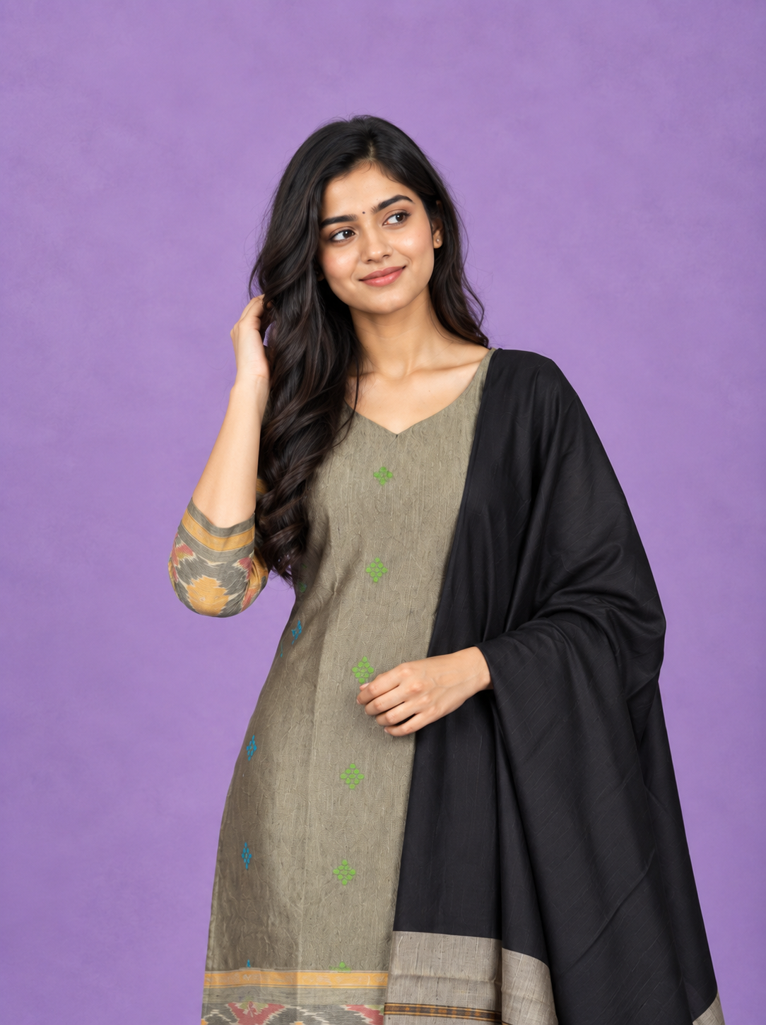 Pochampally Semi Pattu 3PC Kurti Set in Olive Gray Colour | Ready-to-Wear Ethnic Wear