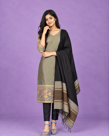Pochampally Semi Pattu 3PC Kurti Set in Olive Gray Colour | Ready-to-Wear Ethnic Wear