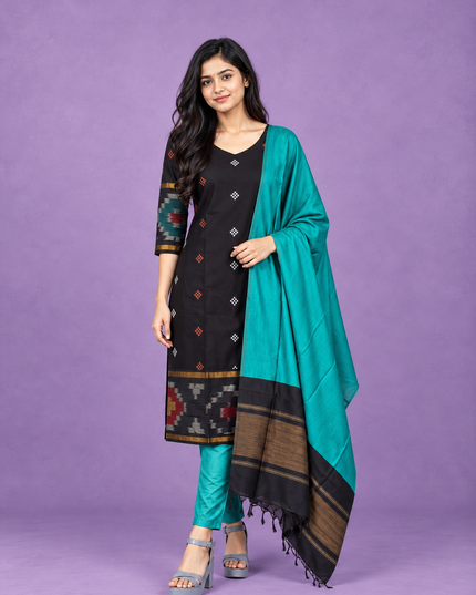 Pochampally Semi Pattu 3PC Kurti Set in Black Colour | Ready-to-Wear Ethnic Wear