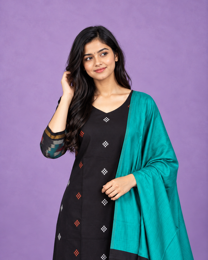 Pochampally Semi Pattu 3PC Kurti Set in Black Colour | Ready-to-Wear Ethnic Wear