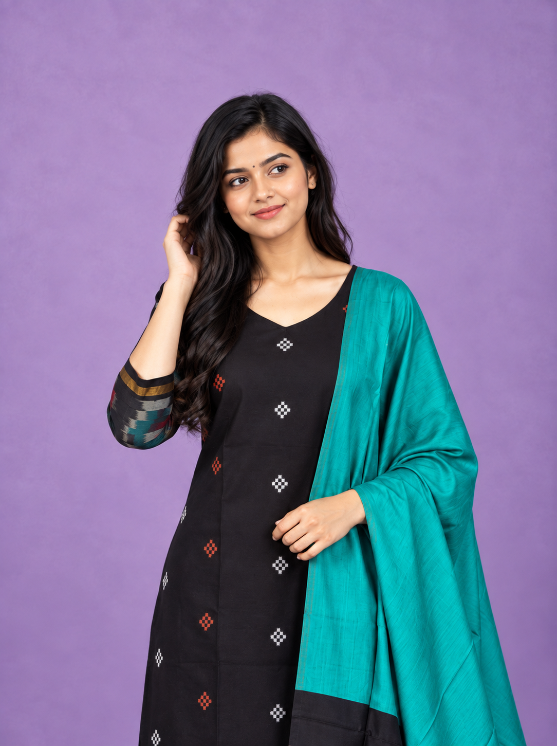 Pochampally Semi Pattu 3PC Kurti Set in Black Colour | Ready-to-Wear Ethnic Wear