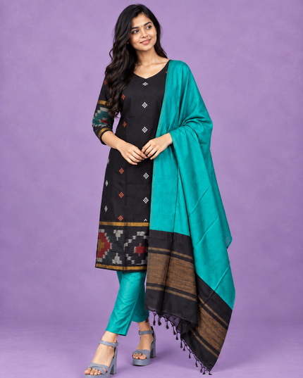 Pochampally Semi Pattu 3PC Kurti Set in Black Colour | Ready-to-Wear Ethnic Wear