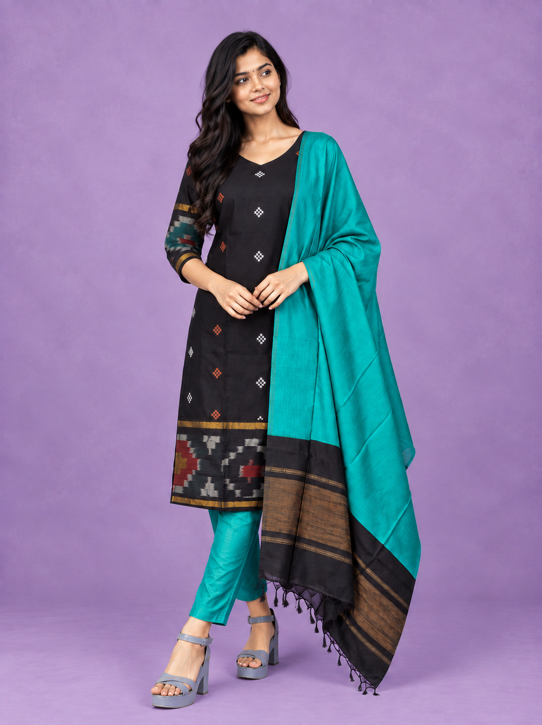 Pochampally Semi Pattu 3PC Kurti Set in Black Colour | Ready-to-Wear Ethnic Wear