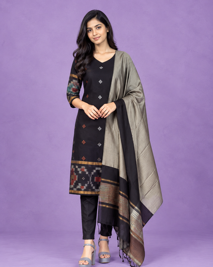 Pochampally Semi Pattu 3PC Kurti Set in Black Colour | Ready-to-Wear Ethnic Wear