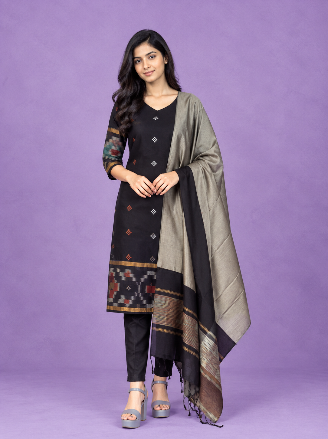 Pochampally Semi Pattu 3PC Kurti Set in Black Colour | Ready-to-Wear Ethnic Wear