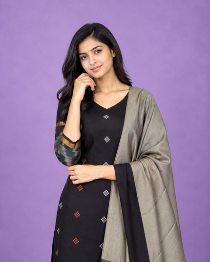 Pochampally Semi Pattu 3PC Kurti Set in Black Colour | Ready-to-Wear Ethnic Wear
