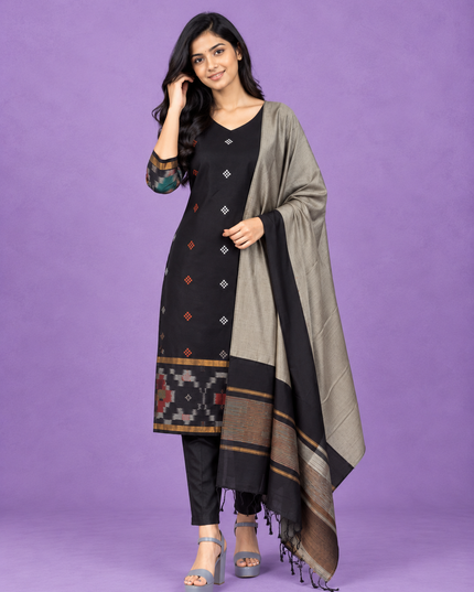 Pochampally Semi Pattu 3PC Kurti Set in Black Colour | Ready-to-Wear Ethnic Wear