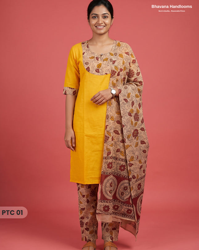 Premium Kalamkari Kurti Set with Dupatta & Elastic Waist Pocket Pant | Mustard Yellow Colour