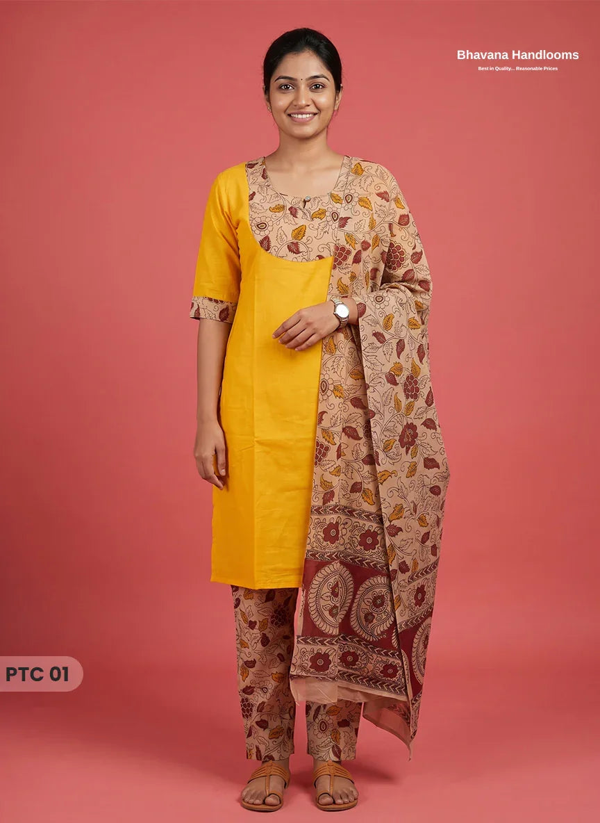 Premium Kalamkari Kurti Set with Dupatta & Elastic Waist Pocket Pant | Mustard Yellow Colour