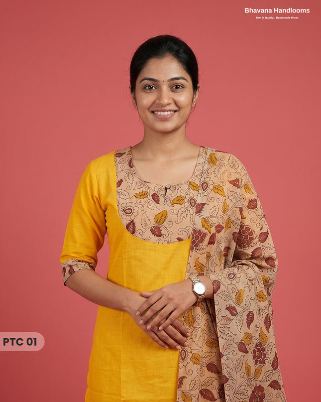 Premium Kalamkari Kurti Set with Dupatta & Elastic Waist Pocket Pant | Mustard Yellow Colour