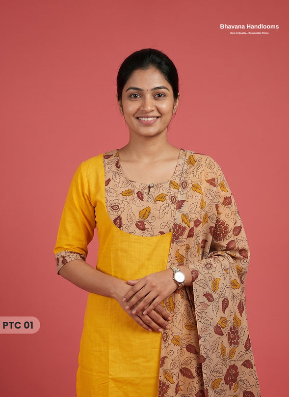 Premium Kalamkari Kurti Set with Dupatta & Elastic Waist Pocket Pant | Mustard Yellow Colour