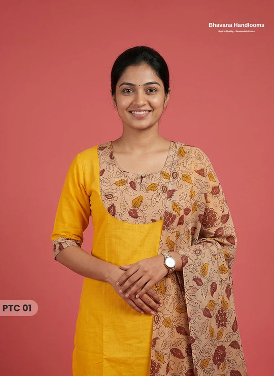 Premium Kalamkari Kurti Set with Dupatta & Elastic Waist Pocket Pant | Mustard Yellow Colour