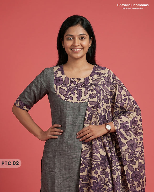 Premium Kalamkari Kurti Set with Dupatta & Elastic Waist Pocket Pant | Charcoal Grey Colour