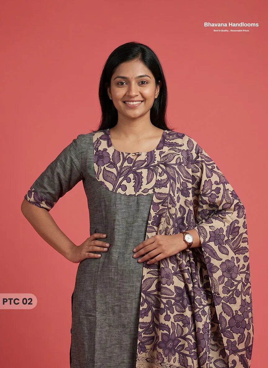 Premium Kalamkari Kurti Set with Dupatta & Elastic Waist Pocket Pant | Charcoal Grey Colour