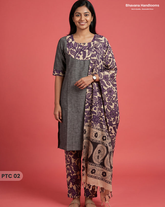 Premium Kalamkari Kurti Set with Dupatta & Elastic Waist Pocket Pant | Charcoal Grey Colour