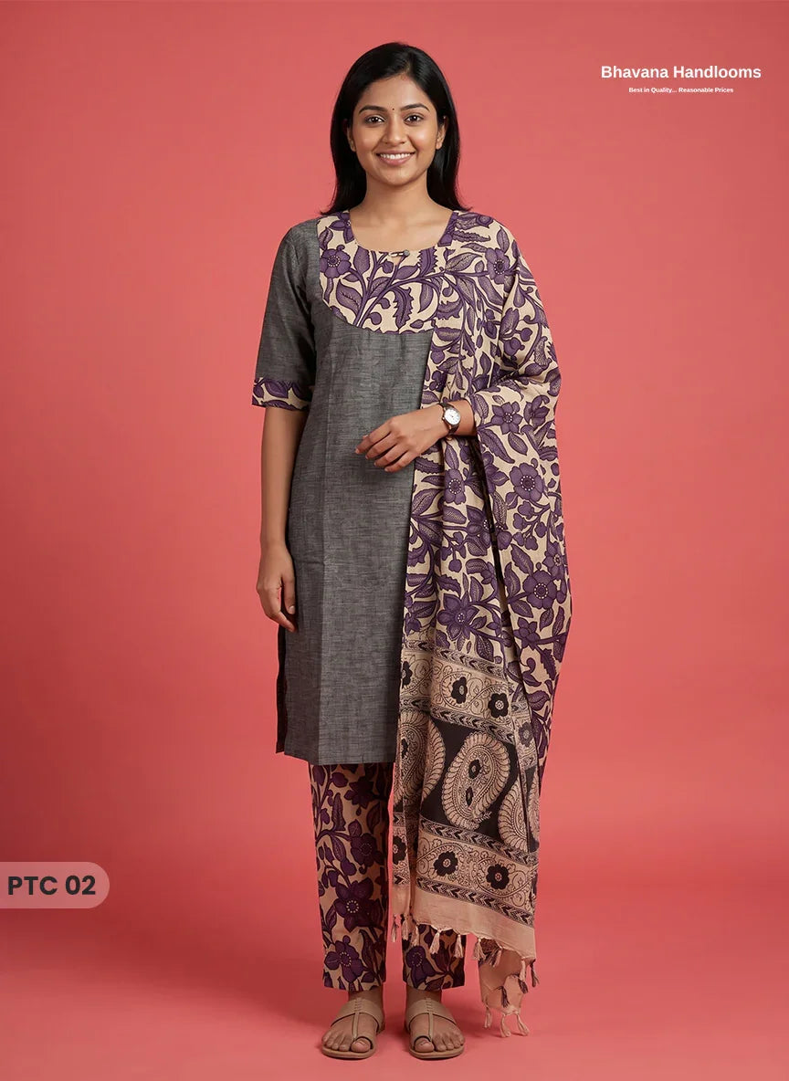 Premium Kalamkari Kurti Set with Dupatta & Elastic Waist Pocket Pant | Charcoal Grey Colour