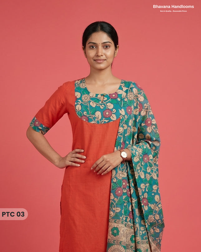 Premium Kalamkari Kurti Set with Dupatta & Elastic Waist Pocket Pant | Tomato Red Colour
