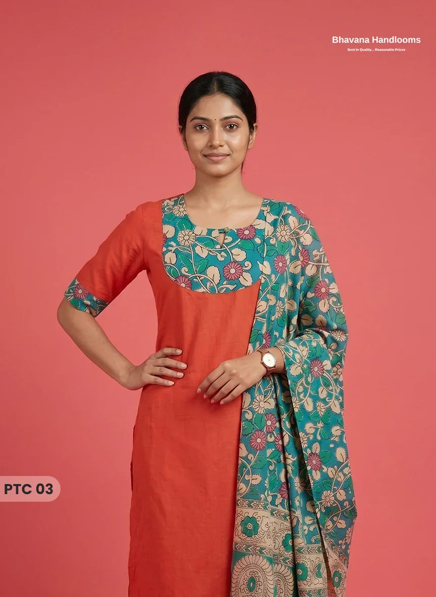 Premium Kalamkari Kurti Set with Dupatta & Elastic Waist Pocket Pant | Tomato Red Colour