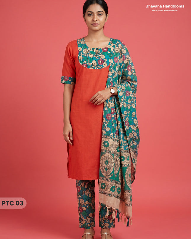 Premium Kalamkari Kurti Set with Dupatta & Elastic Waist Pocket Pant | Tomato Red Colour