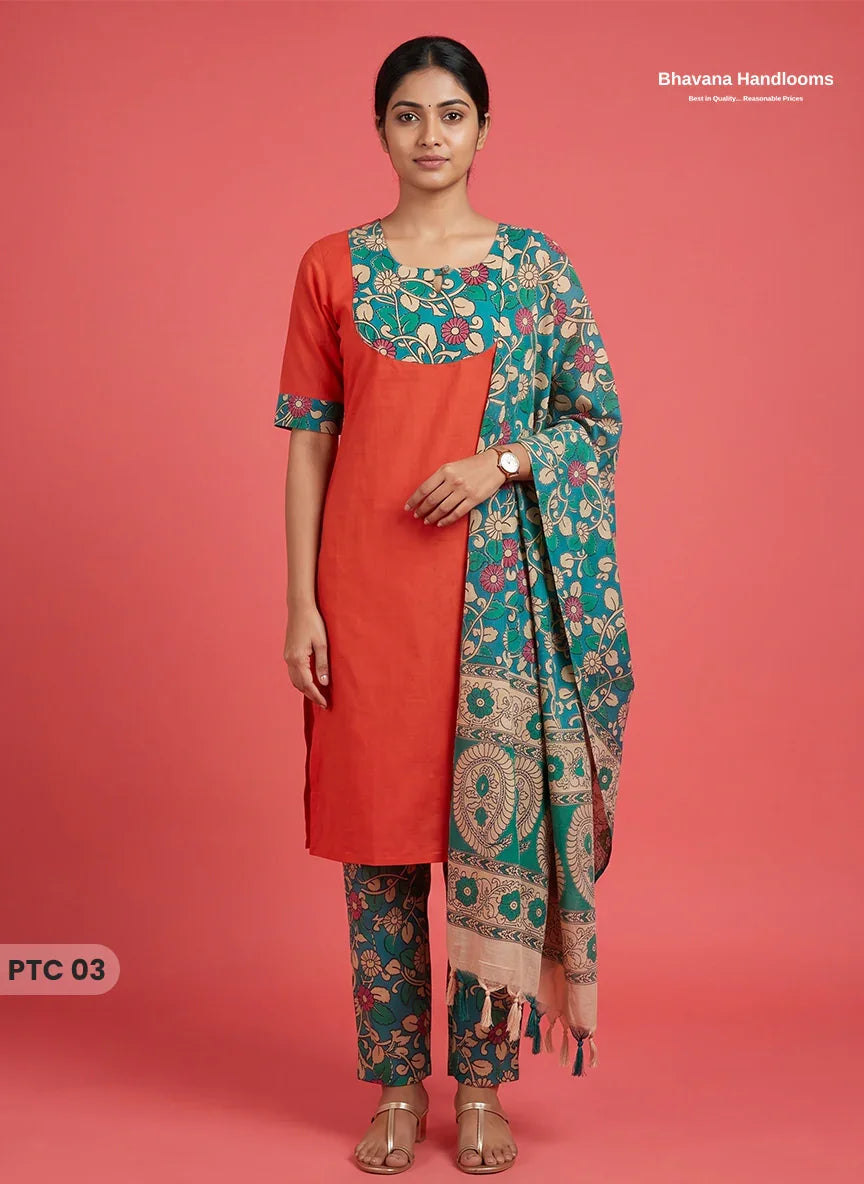 Premium Kalamkari Kurti Set with Dupatta & Elastic Waist Pocket Pant | Tomato Red Colour