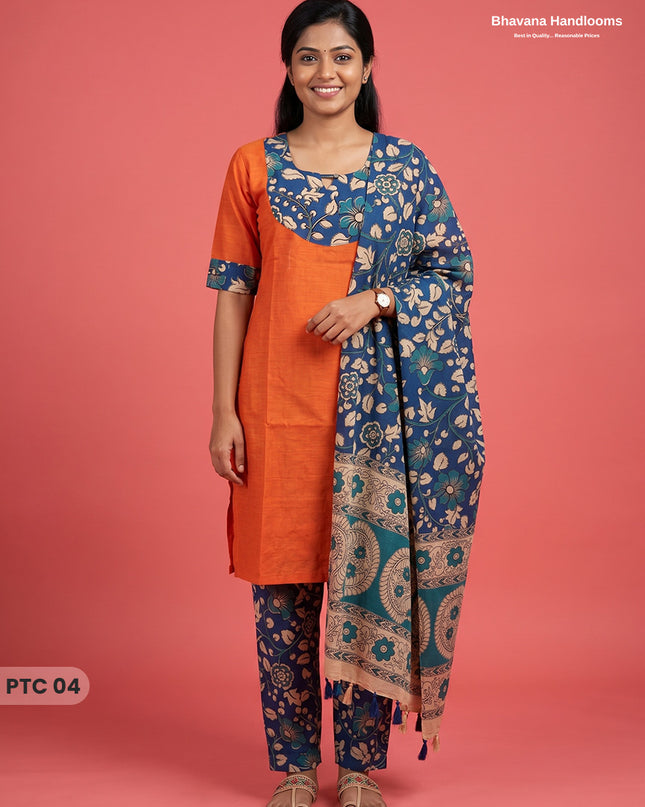 Premium Kalamkari Kurti Set with Dupatta & Elastic Waist Pocket Pant | Bright Orange Colour