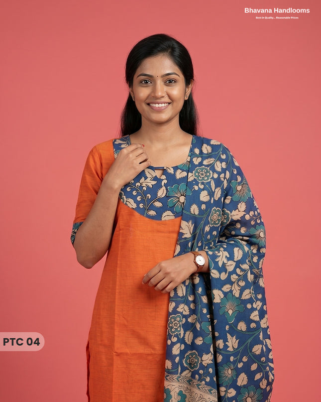 Premium Kalamkari Kurti Set with Dupatta & Elastic Waist Pocket Pant | Bright Orange Colour
