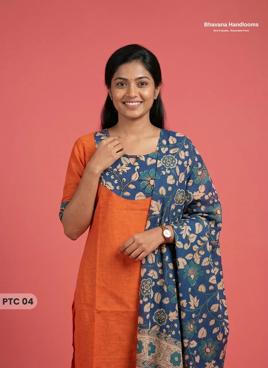 Premium Kalamkari Kurti Set with Dupatta & Elastic Waist Pocket Pant | Bright Orange Colour