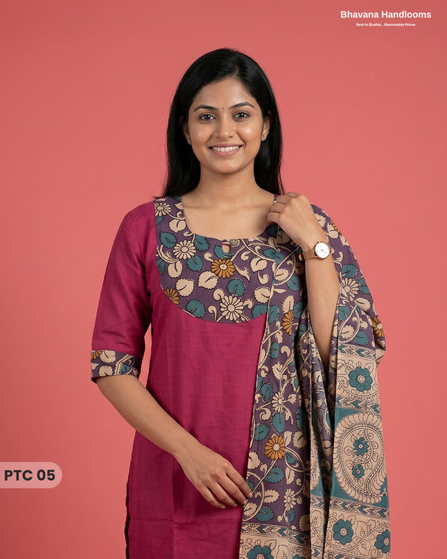 Premium Kalamkari Kurti Set with Dupatta & Elastic Waist Pocket Pant | Deep Magenta Colour