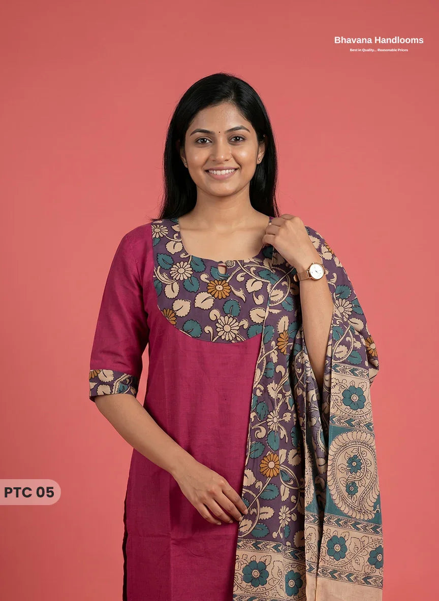 Premium Kalamkari Kurti Set with Dupatta & Elastic Waist Pocket Pant | Deep Magenta Colour