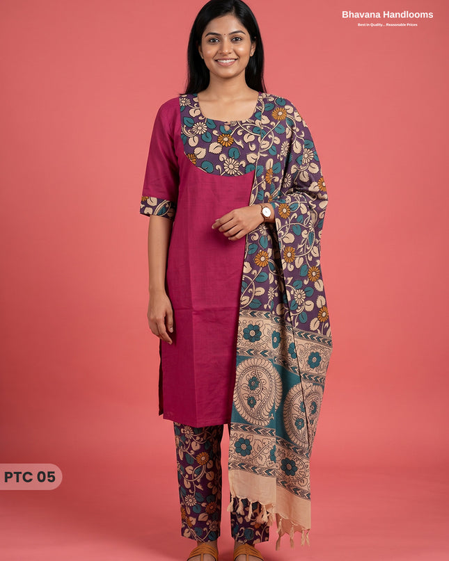 Premium Kalamkari Kurti Set with Dupatta & Elastic Waist Pocket Pant | Deep Magenta Colour