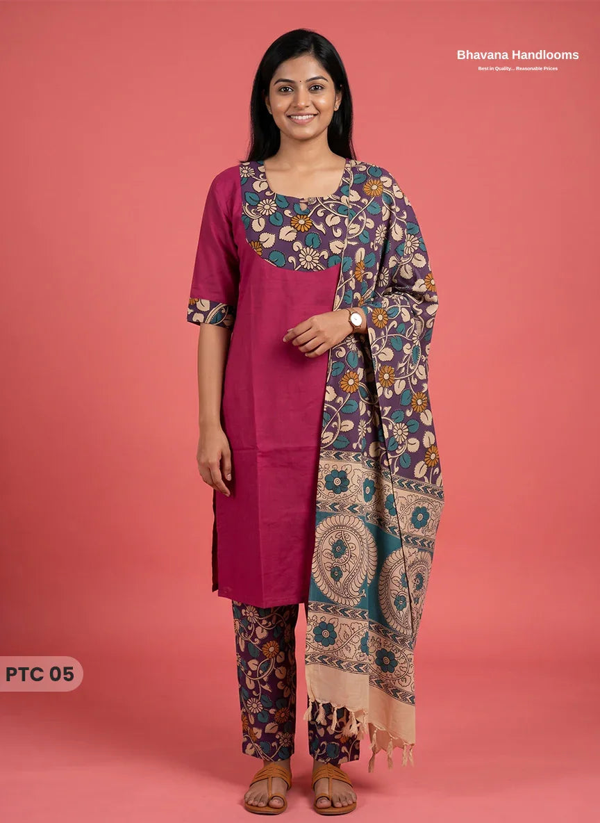 Premium Kalamkari Kurti Set with Dupatta & Elastic Waist Pocket Pant | Deep Magenta Colour