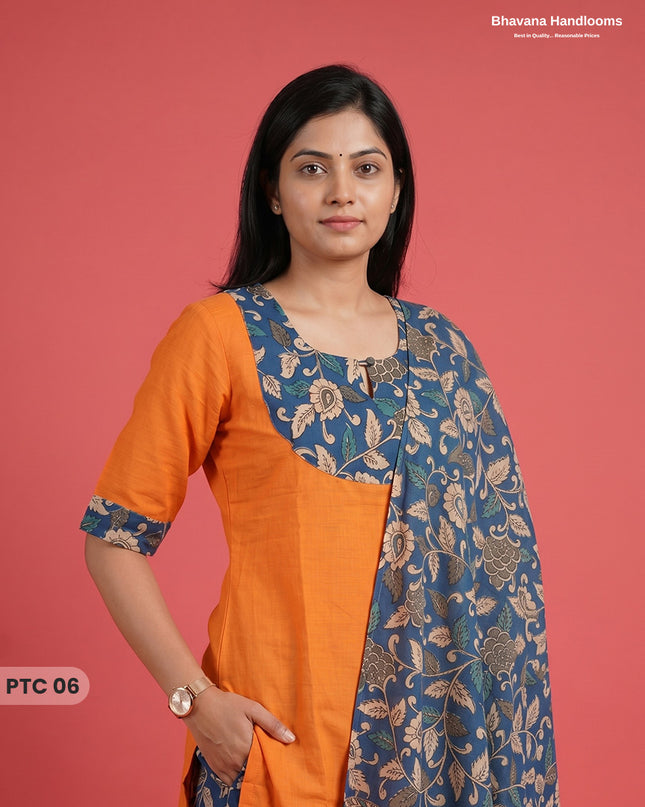 Premium Kalamkari Kurti Set with Dupatta & Elastic Waist Pocket Pant | Bright Saffron Orange Colour