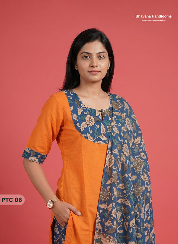 Premium Kalamkari Kurti Set with Dupatta & Elastic Waist Pocket Pant | Bright Saffron Orange Colour