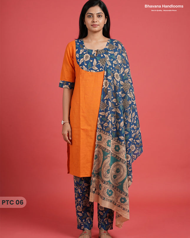 Premium Kalamkari Kurti Set with Dupatta & Elastic Waist Pocket Pant | Bright Saffron Orange Colour