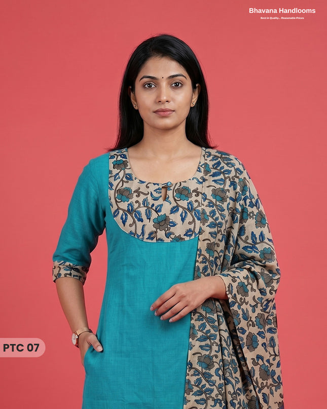 Premium Kalamkari Kurti Set with Dupatta & Elastic Waist Pocket Pant | Teal Blue Colour